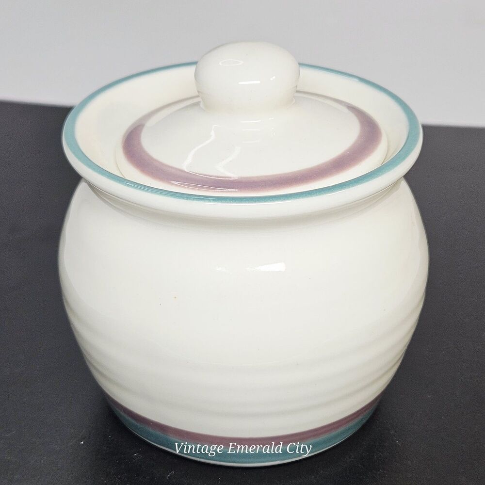 Vtg Pfaltzgraff Juniper Sugar Bowl Canister Storage Lidded Teal Mauve Container